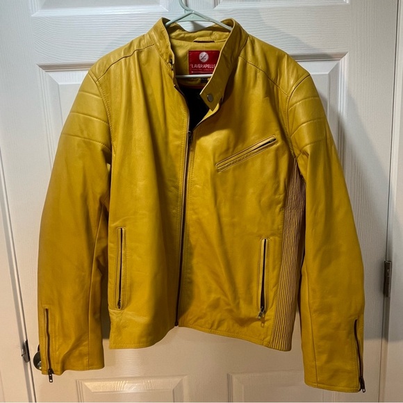 Laverapelle Yellow Leather Racing Jacket Full Zip Pockets Moto Fitted Style XL - Picture 10 of 10